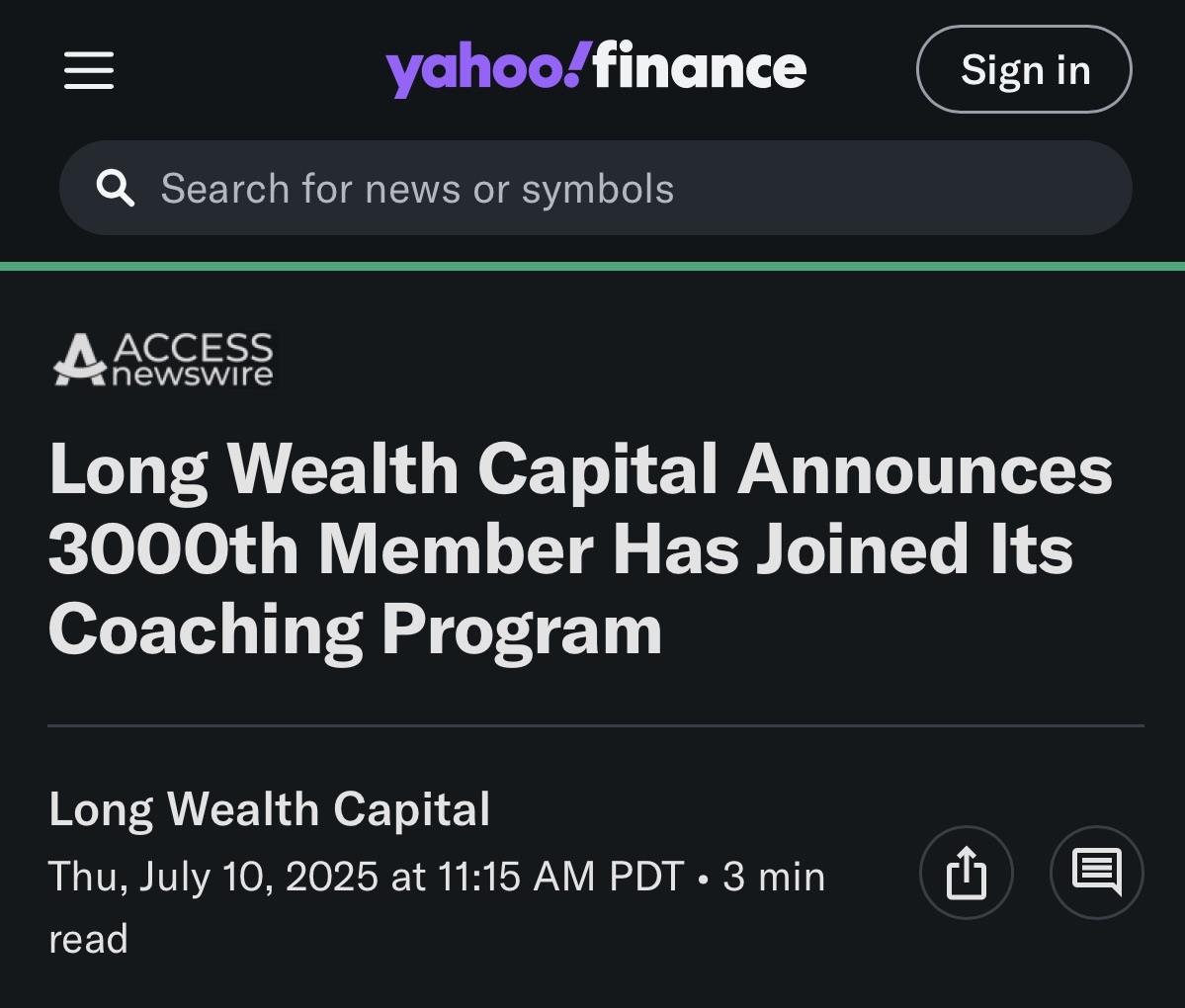 Yahoo Finance Article